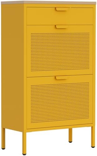 3-Tier Shoe Cabinet with Wood Top and Metal Frame, with Legs, Multi-Functional Metal and Wood Cabinet, Multi-Level Space, Easy Assembly for Home, Entryway, Hallway Yellow