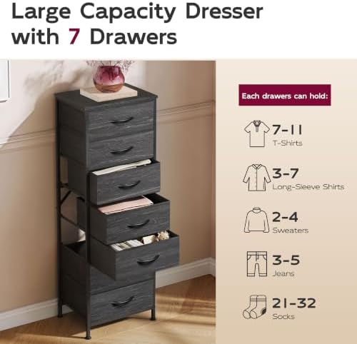 WLIVE Tall Fabric Dresser for Bedroom, 7 Drawers Storage Cabinet, Grey