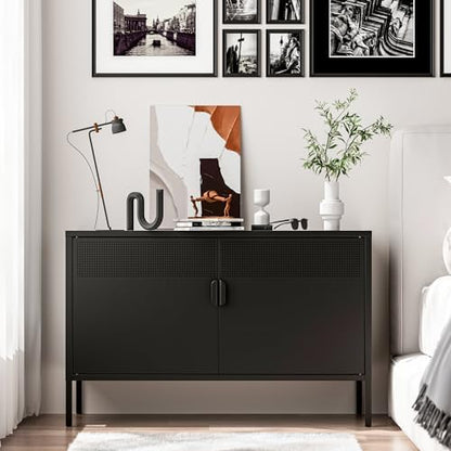 Washsemba 2 Door Storage Sideboard, Metal Storage Cabinet with 2 Adjustable Shelf,Multipurpose Metal Accent Cabinet for Office Home,Music Studio (Black, 25''H)