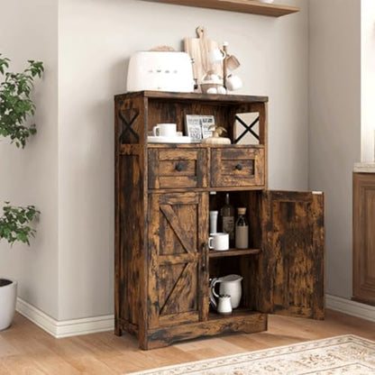 Brown Farmhouse Storage Cabinet with Doors and Drawers, Small Pantry Hutch