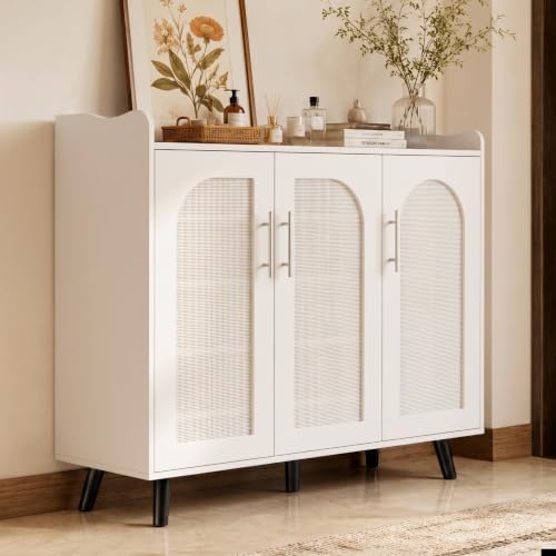 3-Door Shoe Storage Cabinet for Entryway with Rattan Doors, Bright White