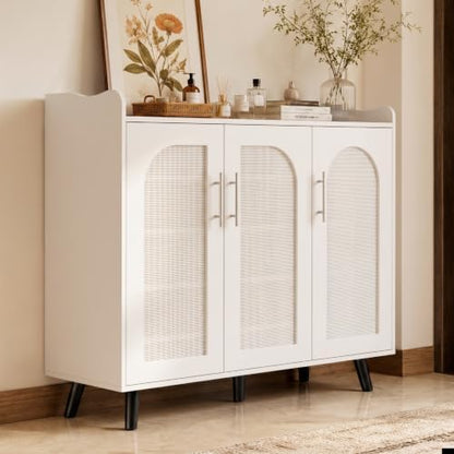 3-Door Shoe Storage Cabinet for Entryway with Rattan Doors, Bright White