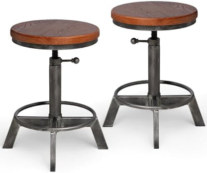 Set of 2-Industrial Bar Stool-Rustic Counter Height Chairs for Kitchen Island-Farmhouse Swivel Wooden Seat- Adjustable 17.7-24inch