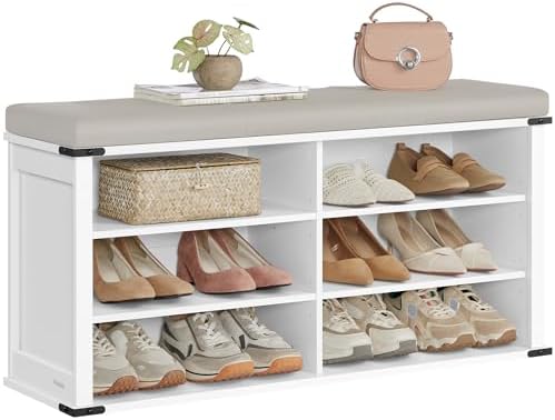 VASAGLE Shoe Storage Bench with Removable Cushion, Adjustable Shelves
