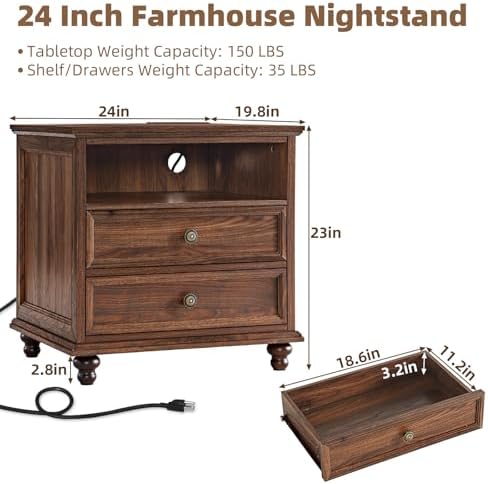 Joaxswe 24" Wide Farmhouse Nightstand with Charging Station, End Table with 2 Drawers, Brown Wood Dresser for Bedroom Cabinet, Bed Side Table Chest of Drawers, Night Stand for Living Room, Closet