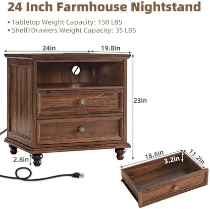 Joaxswe 24" Wide Farmhouse Nightstand with Charging Station, End Table with 2 Drawers, Brown Wood Dresser for Bedroom Cabinet, Bed Side Table Chest of Drawers, Night Stand for Living Room, Closet