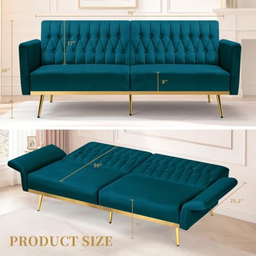 70” Velvet Futon Sofa Bed w/Adjustable Armrests, Teal