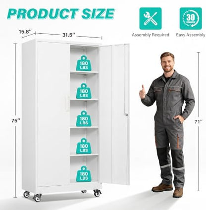 SISESOL 75" Tall White Metal Storage Cabinet with Wheels and Shelves