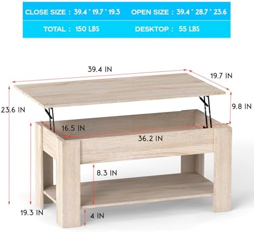 FDW | 39" Lift Top Coffee Table | Nature | with Hidden Storage