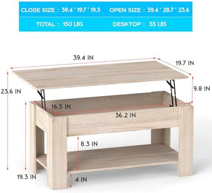 FDW | 39" Lift Top Coffee Table | Nature | with Hidden Storage