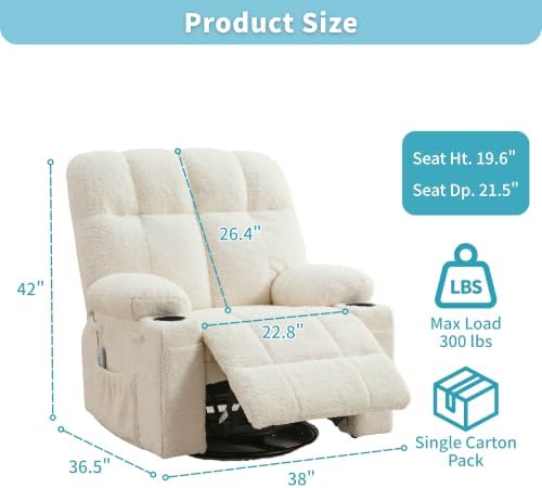 IDEALHOUSE Oversized Rocking Recliner Chair with Heat and Massage, Beige
