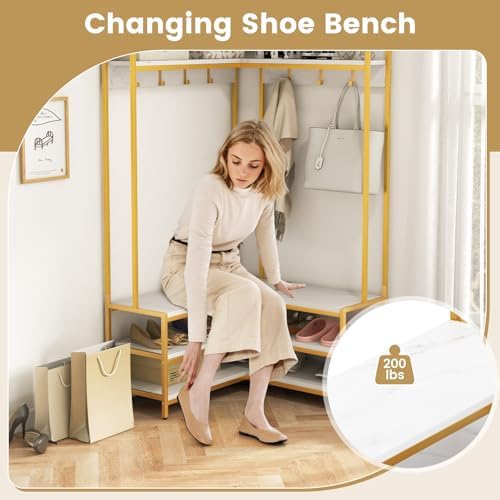 GIANTEX Corner Coat Rack, L-Shaped Hall Tree with Bench and Shoe Storage