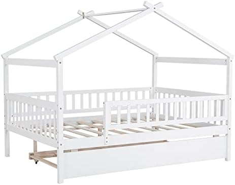 Merax Full Size Wooden House Bed with Twin Size Trundle, Wood Bed Frame with Roof and Safety Guardrail for Kids, Teens, Boys or Girls, White