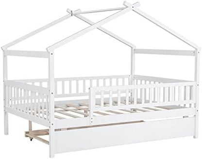 Merax Full Size Wooden House Bed with Twin Size Trundle, Wood Bed Frame with Roof and Safety Guardrail for Kids, Teens, Boys or Girls, White