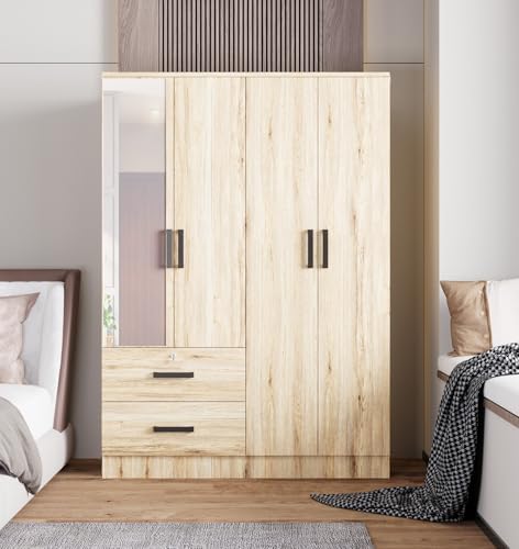 Woodpeckers Furniture And Mattress 4 Mirrored Doors Wardrobe 2 Drawers with Shelves 72 high (1 Mirror, Natural Oak)