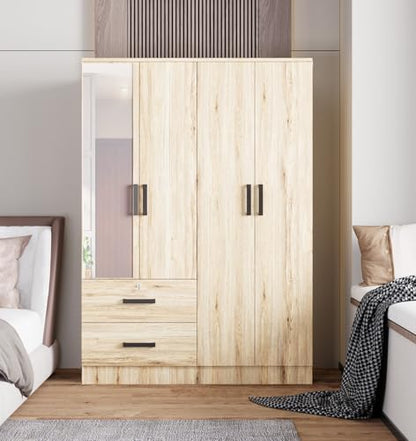 Woodpeckers Furniture And Mattress 4 Mirrored Doors Wardrobe 2 Drawers with Shelves 72 high (1 Mirror, Natural Oak)