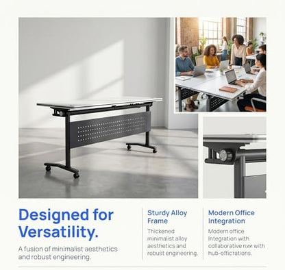 Conference Table, Folding Conference Room Tables with Wheels, Modular Flip Top Nesting Training Table, Modern Rolling Meeting Stackable Tables for Mobile Office Boardroom Classroom, White 6Pack