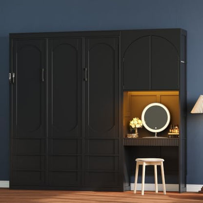 MERITLINE Queen Murphy Bed with Desk and Storage Cabinet & LED Lights, Solid Wood Folding Murphy Wall Bed Cabinet with Storage,Vanity Desk and Drawers,for Library,Guest Room,Office (Black,Queen)