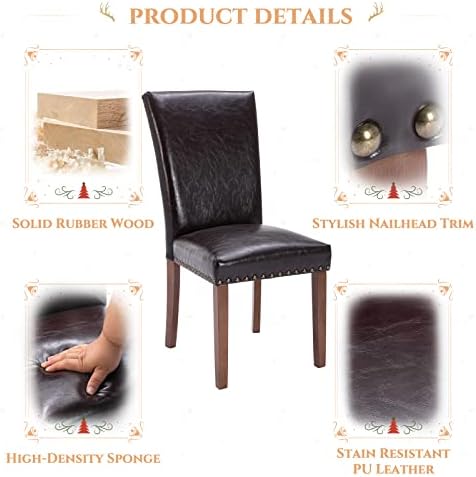 Parsons Dining Chairs Set of 6, Upholstered Nailhead PU Leather Dining Room Kitchen Side Chair with Thick Cushions and Wood Legs, Dark Brown