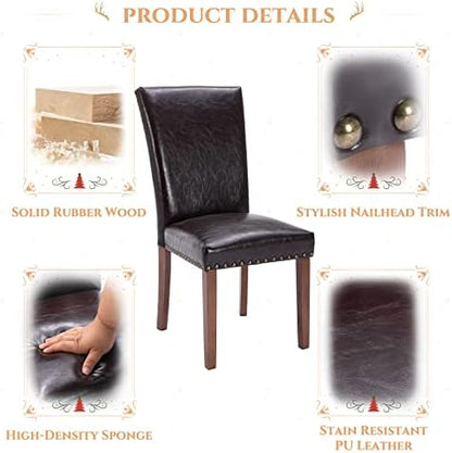 Parsons Dining Chairs Set of 6, Upholstered Nailhead PU Leather Dining Room Kitchen Side Chair with Thick Cushions and Wood Legs, Dark Brown