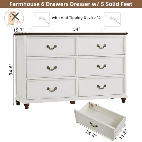 Joaxswe Farmhouse 6 Drawers Dresser for Bedroom, Vintage 54" Wide Chest of Drawers w/ 4 Wooden Legs, Rustic Large Closet Storage Dressers Organizer for Hallway, Wood TV Stand for Living Room, White