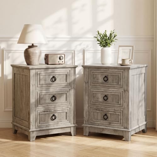 Joaxswe Farmhouse Nightstand, 18'' End Table with 3 Drawer Metal Handle