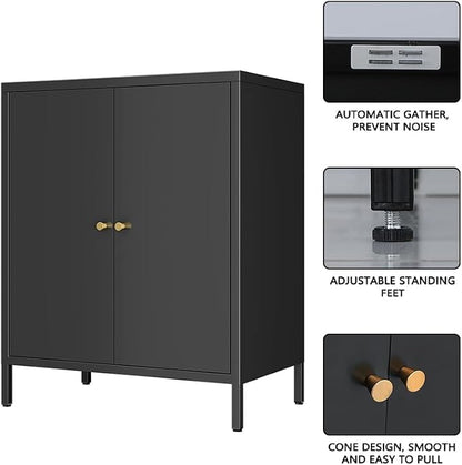 2 Door Metal Accent Storage Cabinet for Home, Living Room, Office Room,Kitchen-Metal Locker Cabinet with 1 Adjustable Shelves-2-Tier (Small 2 Door Cabinet, Black)