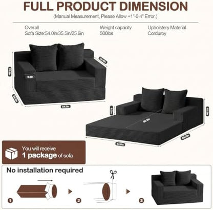 Boneless Loveseat Couch Folding Sofa Bed, Foldable Floor Futon Sleeper Couch Bed - Convertible Sofa Bed, Corduroy Pull Out Sofa Bed with 2 Pillows for Living Room & Bedroom
