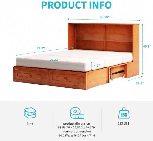 CECER Queen Murphy Cabinet Bed with Mattress, Cherry