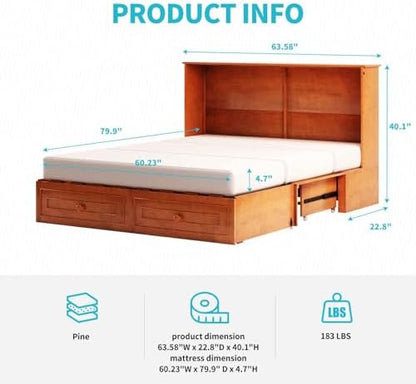 CECER Queen Murphy Cabinet Bed with Mattress, Cherry