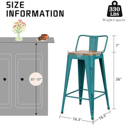 26" Barstools Set of 4 Counter Height Bar Stools Side Chair-Distressed Teal