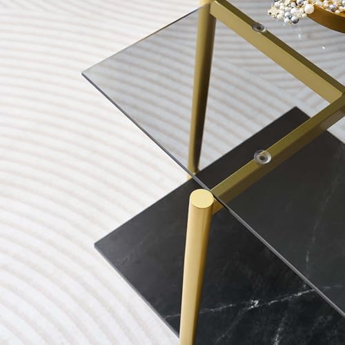 Square Glass End Table, Mid-Century Modern Side Table for Living Room, L18xW18xH23inch, Grey Glass and White Marble MDF Wood, Gold Finish Frame