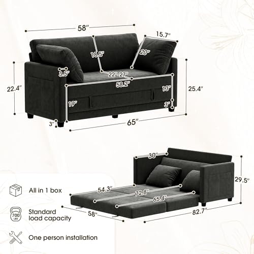 Myroyalsit 65" Convertible Loveseat Sofa Bed, 2-in-1 Folding Sofa Bed with 2 Pillow for Small Spaces, Modern Loveseat Sleeper Couch for Apartment, Living Room & Guest Room (Black Chenille, 65 inch)