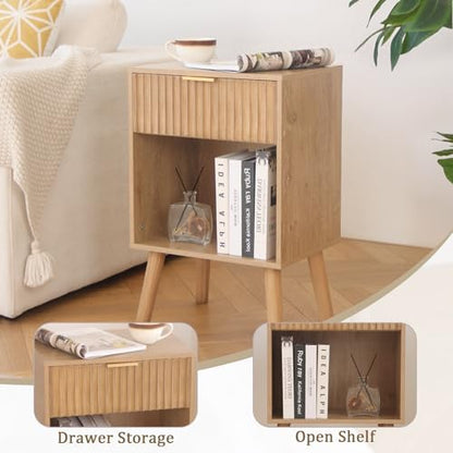Fluted Night Stand, Modern Bedside Table with Drawer and Open Shelf