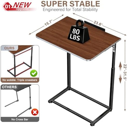 Extra Large TV Tray Table Set of 2, Heavy Duty C-Shaped Laptop Desk with 8-Level Height & 90° Tilt, Folding Overbed End Table for Couch and Bed, Walnut Finish with Phone/Tablet Slot for Small Spaces