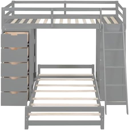 Twin Over Twin Bunk Bed with LED Light and USB Ports, Wood Bunk Bed with Desks, Bookshelves and 5 Drawers for Kids Teens Adults (Gray)