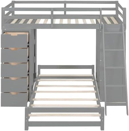 Twin Over Twin Bunk Bed with LED Light and USB Ports, Wood Bunk Bed with Desks, Bookshelves and 5 Drawers for Kids Teens Adults (Gray)