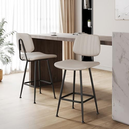 Raynesys 24-Inch Leather Bar Stools Set of 2 with High Backrest, Beige