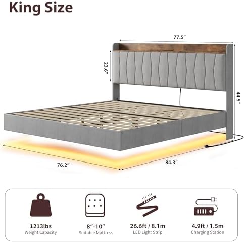 Floating Bed Frame King with Storage Headboard, LED Lights & USB Charging