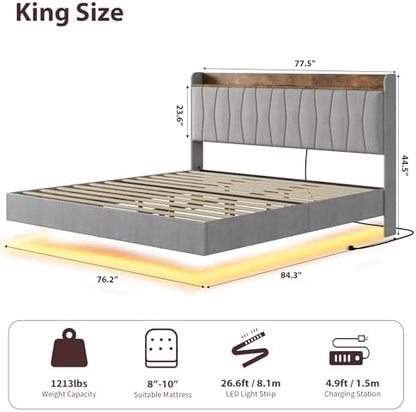Floating Bed Frame King with Storage Headboard, LED Lights & USB Charging