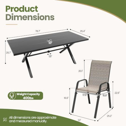 9 PCS Outdoor Patio Dining Set,Patio Table and Chairs Metal Outdoor Patio Furniture Set with Umbrella Hole,Dining Table Set with 8 Teslin Chairs for Deck,Backyard and Garden