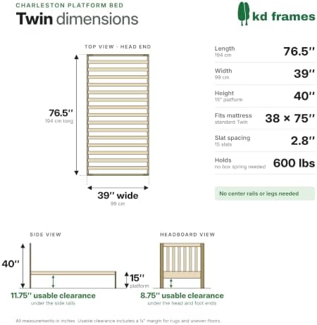 KD Frames Charleston Twin Wood Platform Bed, Picket Headboard, Made in USA