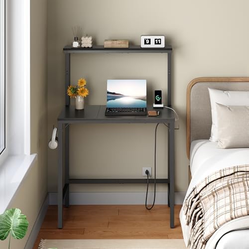 HOOBRO Small Computer Desk, 28.3" Desk for Small Spaces, Home Office Desk with Power Outlet & Adjustable Monitor Stand, Compact Desk with Storage, Writing Table for Bedroom, Office, Black BB38UDN01