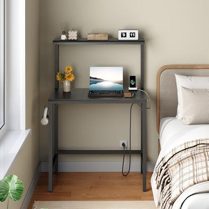 HOOBRO Small Computer Desk, 28.3" Desk for Small Spaces, Home Office Desk with Power Outlet & Adjustable Monitor Stand, Compact Desk with Storage, Writing Table for Bedroom, Office, Black BB38UDN01