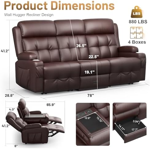 RV Loveseat Recliner Sofa, Home Theater Seating with Console & Massage