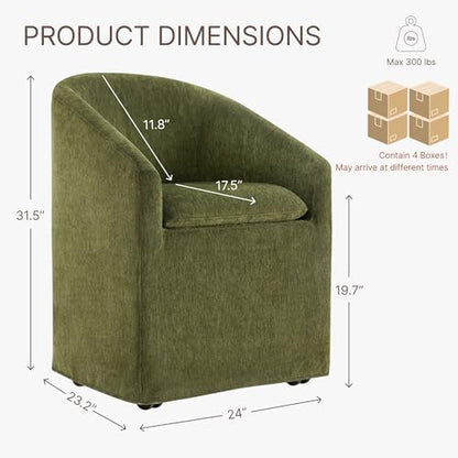 KISLOT Upholstered Dining Chairs with Casters, Washable Cover Modern Dining Room Chairs with Barrel Backrest & Dual Armrest for Kitchen, Living Room, Bedroom, Green Fabric, 4PCS