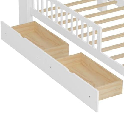 Bellemave Kids Twin Bed Frame with Fences, 2 Drawers & Storage Headboard, Twin Size Platform Bed with 3-Side Guardrails for Kids, Girls & Boys, White