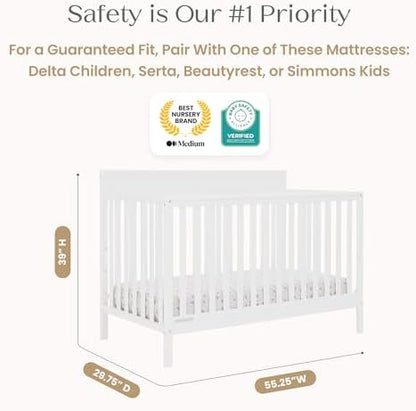 Delta Children Isabelle 6-in-1 Convertible Crib, Converts to Toddler Bed, Daybed, Sofa & Full Bed with/Without Footbaord, Greenguard Gold Certified, Mattress Heights, Bianca White