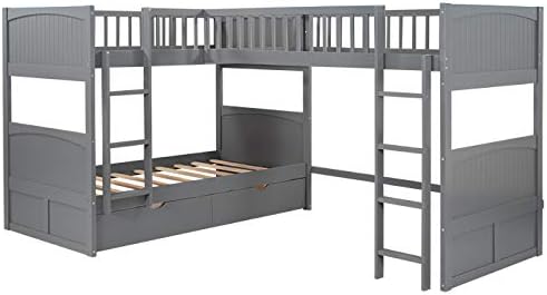 Flieks Triple Bed Twin-Over-Twin-Over-Twin Bed L Shaped Bunk Bed with 2 Drawers and 2 Ladders, No Box Spring Needed