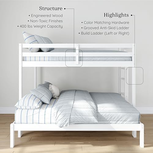 Grain & Grove Bear Twin Over Full Bunk Bed, Sturdy Bunk Bed Frame for Kids, Plywood Bunk with Ladder, Guardrail, and Slats, No Box Spring Required, Brushed White
